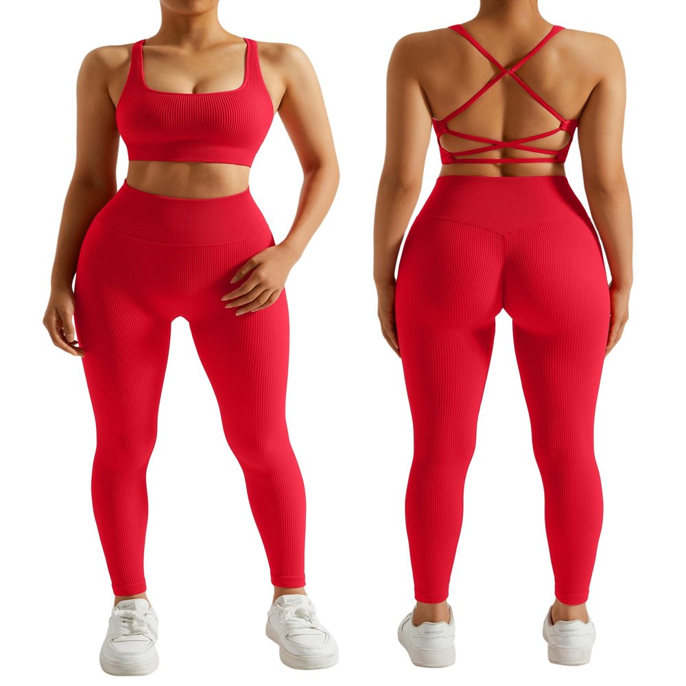 RXRXCOCO Ribbed Workout Sets for Women 2 Piece Backless Strappy Sports Bra Seamless Leggings Matching Set Yoga Outfits Red Small