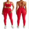 RXRXCOCO Ribbed Workout Sets for Women 2 Piece Backless Strappy Sports Bra Seamless Leggings Matching Set Yoga Outfits Red Small view 1