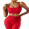 RXRXCOCO Ribbed Workout Sets for Women 2 Piece Backless Strappy Sports Bra Seamless Leggings Matching Set Yoga Outfits Red Small view 4