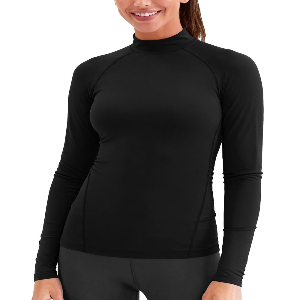Long Sleeve Workout Top Mock Neck(Black,M)