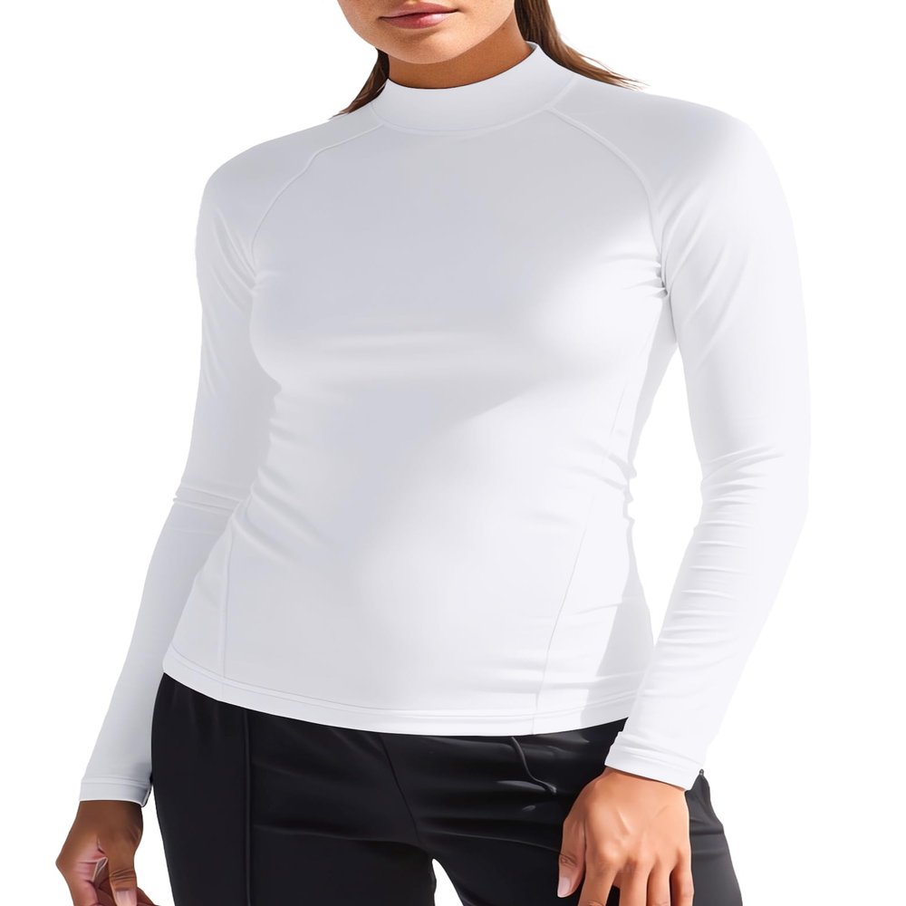 Workout Tops for Women Mock Neck Thermal(White,S)