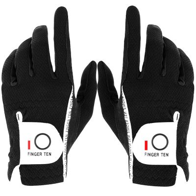 FINGER TEN Premium Rain Grip Men's Golf Gloves 1 Pair, Hot Wet Weather No Sweat Glove for Serious Feel & Performance, Left Right Hand Black Gray White Blue Fit Size S M L XL 2XL 3XL (Black, 3X-Large)
