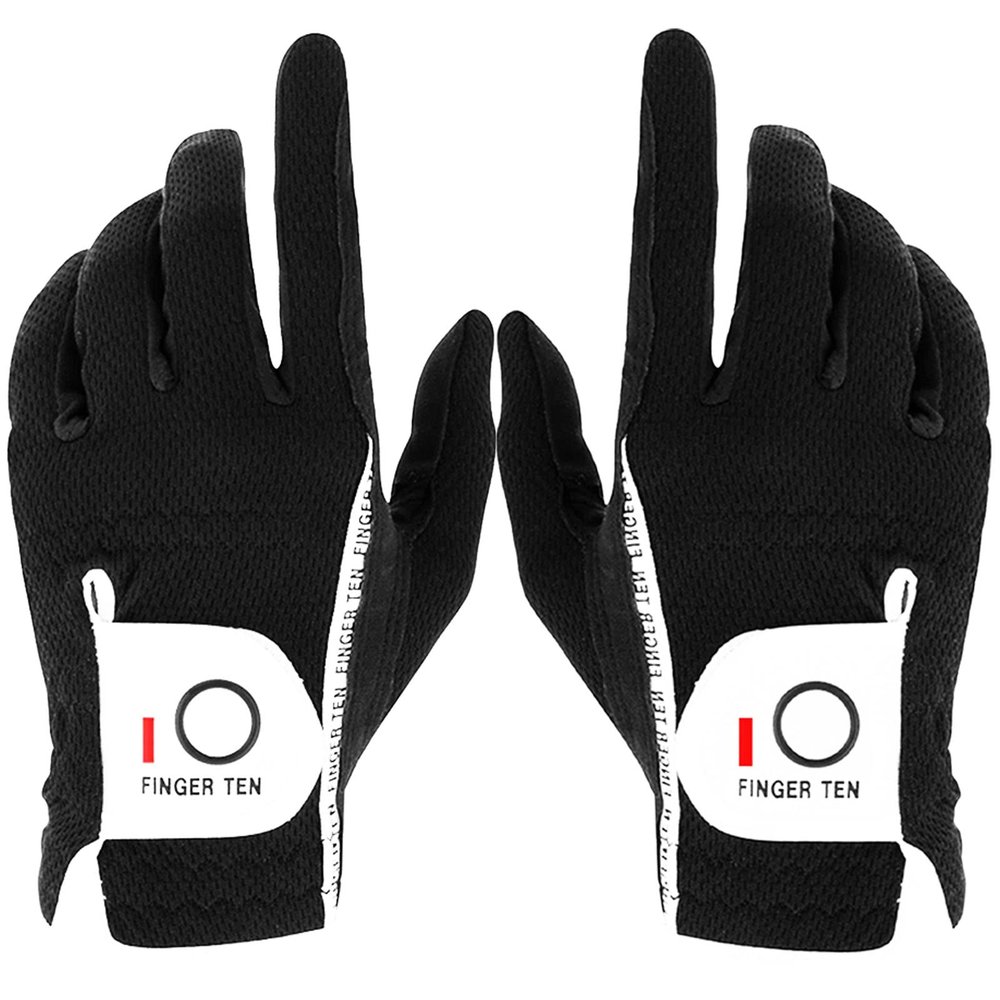 FINGER TEN Premium Rain Grip Men's Golf Gloves 1 Pair, Hot Wet Weather No Sweat Glove for Serious Feel & Performance, Left Right Hand Black Gray White Blue Fit Size S M L XL 2XL 3XL (Black, 3X-Large)