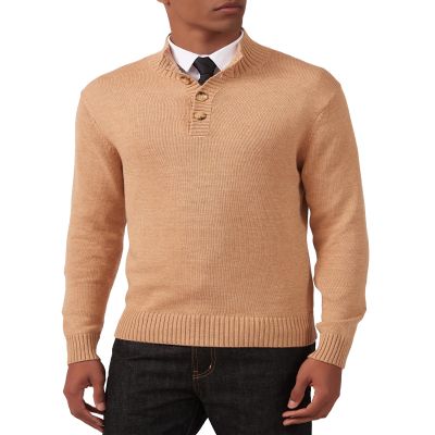 Kallspin Men's Pullover Sweater Wool Midweight Mock Neck Quarter-Button Long Sleeve Pullover(Khaki XX-Large)