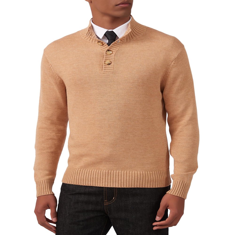 Kallspin Men's Pullover Sweater Wool Midweight Mock Neck Quarter-Button Long Sleeve Pullover(Khaki XX-Large)