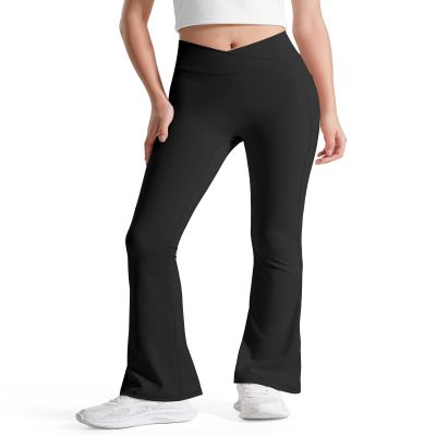 BOOPH Girls Flare Leggings with Pockets Cross-Waist High Waisted Yoga Pants Bell Bottoms Athletic Pants 11-12 Years Color Black