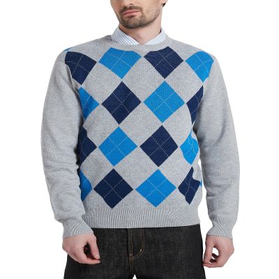Kallspin Mens Wool Blend Argyle Crewneck Sweater Long Sleeve Knit Pullover Casual Preppy Style Dressy Wear (Light Grey,Large)