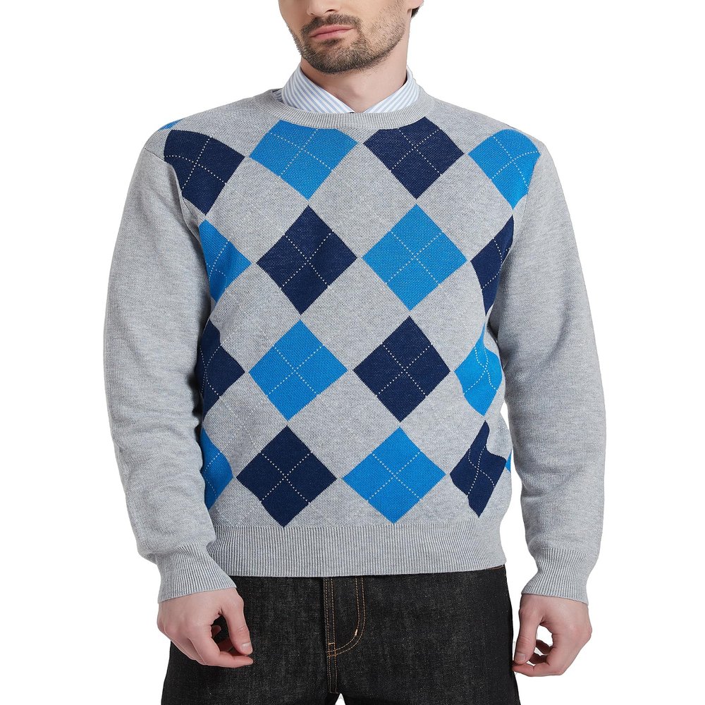 Kallspin Mens Wool Blend Argyle Crewneck Sweater Long Sleeve Knit Pullover Casual Preppy Style Dressy Wear (Light Grey,Large)