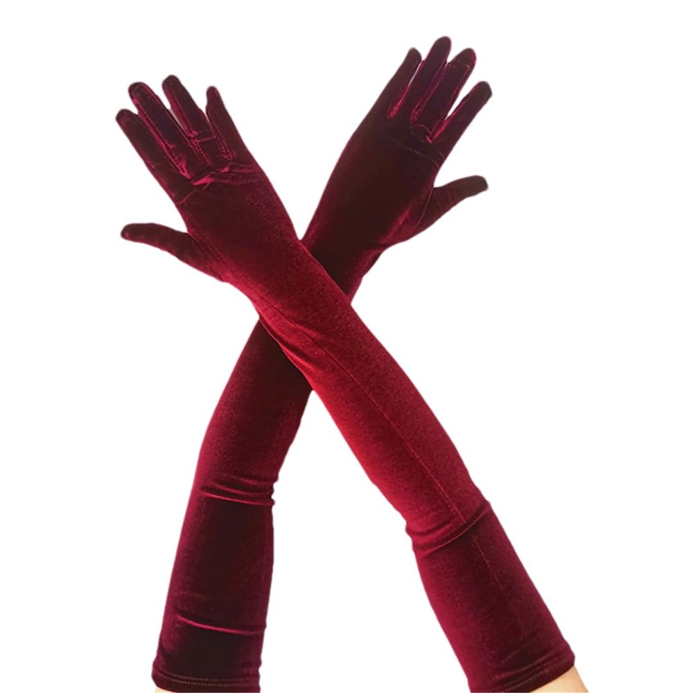 55CM Women Golden Fleece Long Glove Warm Full Finger Makeup Party Opera Accessories Wine Red One Size