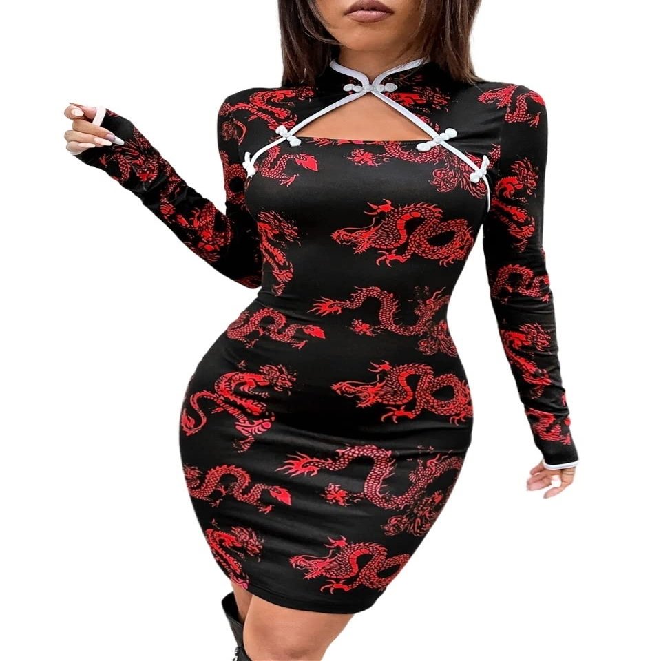 Chinese Dragon Print Frog Button Cut Out Bodycon Dress (Color : Multicolor, Size : Medium)