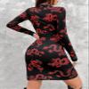 Chinese Dragon Print Frog Button Cut Out Bodycon Dress (Color : Multicolor, Size : Medium) view 2