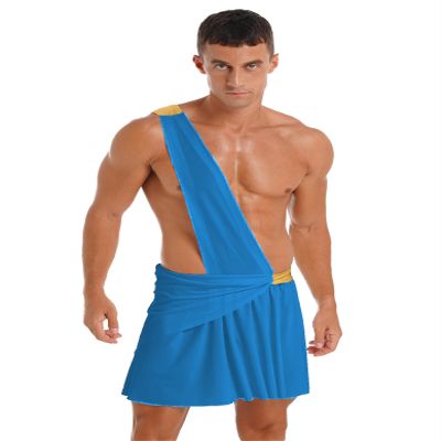 Loloda Mens Halloween Ancient Rome Costume One Shoulder Strap Contrast Color Waistband Ruffle Skirt Blue Medium