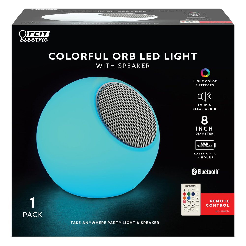 Feit Electric 8" Portable Color Changing LED Orb Light with Bluetooth Speaker, Music Sync, Rechargeable and Remote Control Included - BTORB8RGBWBAT