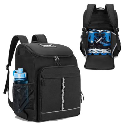 GOBUROS Roller Skate Bag Fits Shoes Up to US Mens 13, Ice Skate Backpack with Top Helmet Pocket, Roller Skating Bag with Adjustable Padded Shoulder Strap for Skates Gear, Black