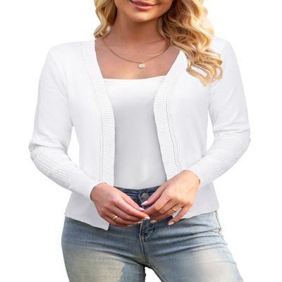 GoMamee Womens Open Front Casual Long Sleeve Knit Clasic Sweater Cardigan White, Medium
