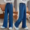 Toddler Girls Wide Leg Jeans Elastic High Waist Trousers Children's Slit Hem Denim Pants with Pockets (Blue, 10-12 Years) view 3