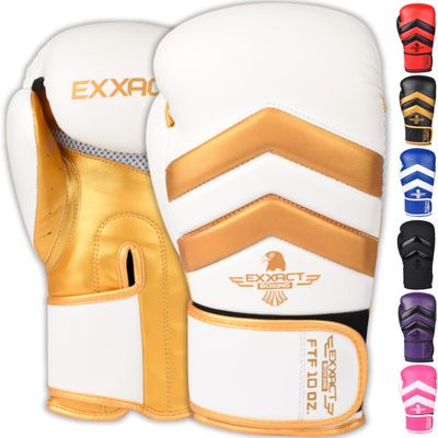 Exxact Sports Clash Boxing Gloves for Men, Durable Engineered Leather Mens Boxing Gloves with Padded Protection, Womens Boxing Gloves for MMA, Muay Thai & Sparring Gloves (White/Gold, 12 OZ)