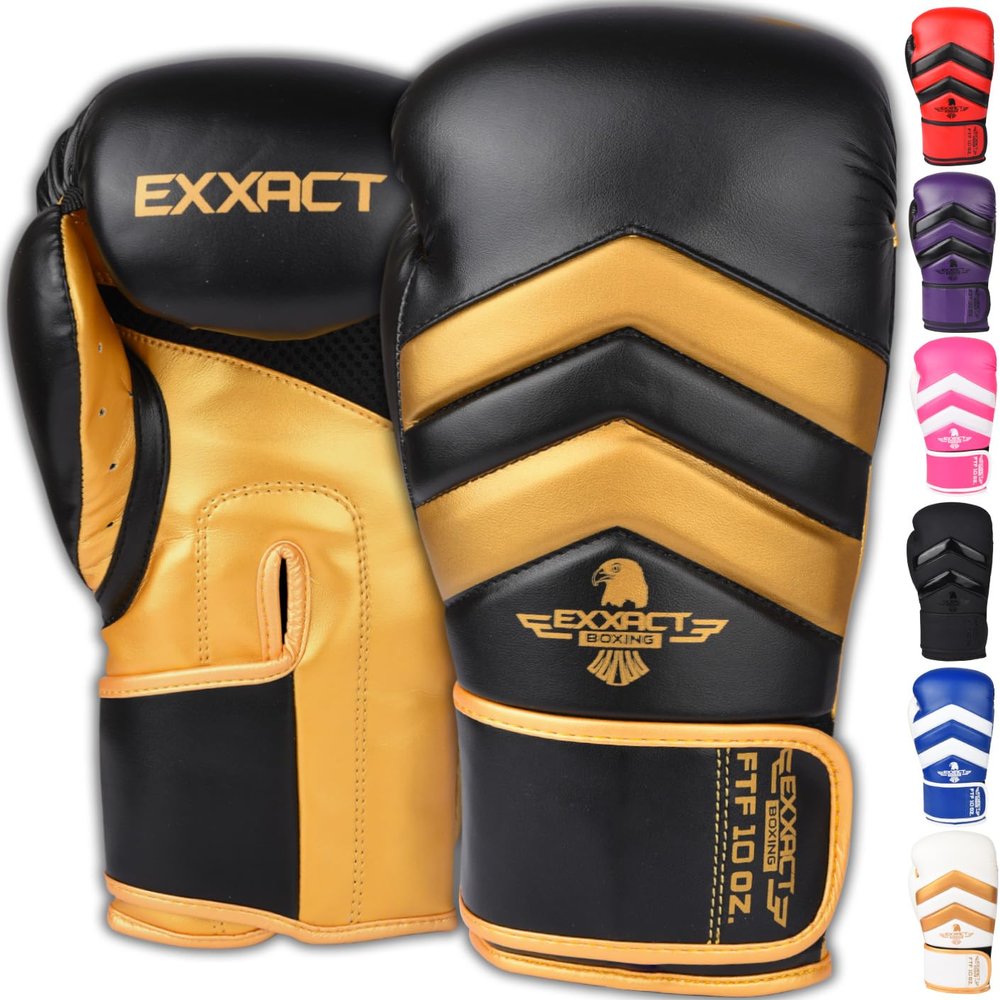 Exxact Sports Clash Boxing Gloves for Men, Durable Engineered Leather Mens Boxing Gloves with Padded Protection, Womens Boxing Gloves for MMA, Muay Thai & Sparring Gloves (Black/Gold, 10 OZ)
