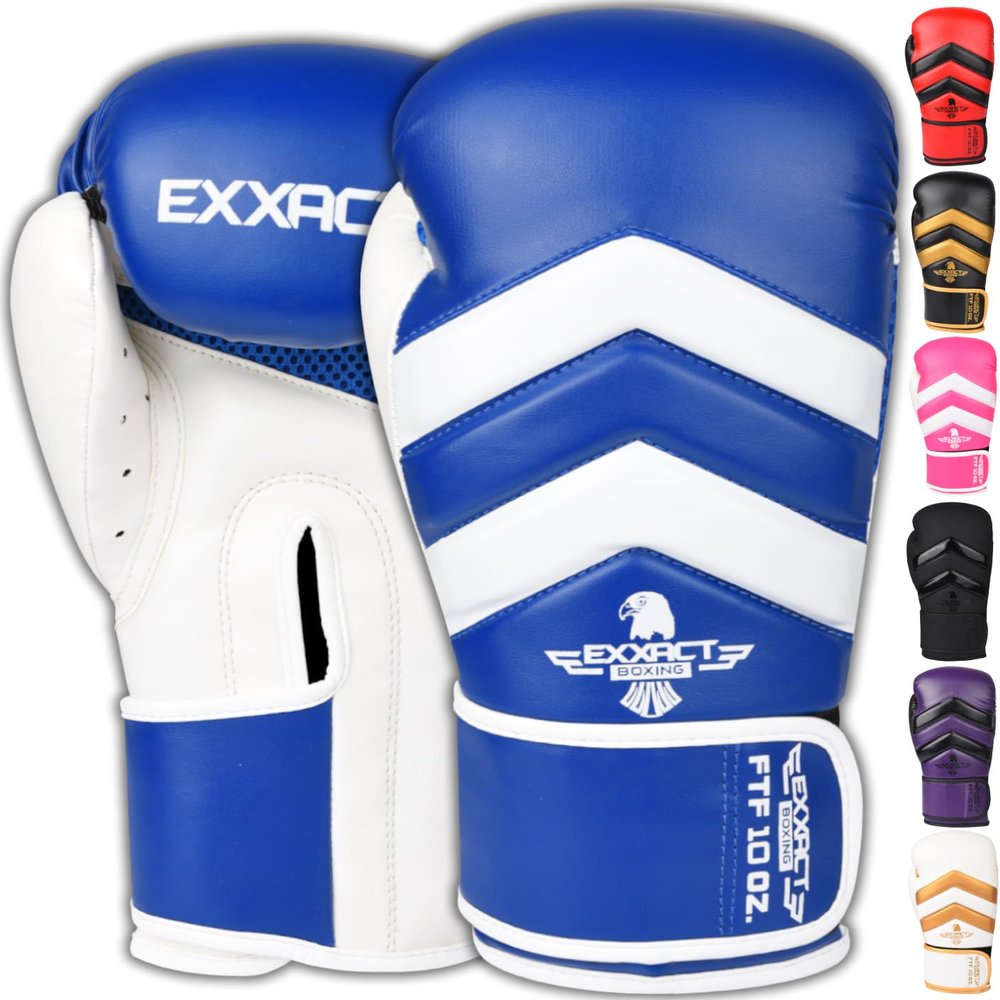 Exxact Sports Clash Boxing Gloves for Men, Durable Engineered Leather Mens Boxing Gloves with Padded Protection, Womens Boxing Gloves for MMA, Muay Thai & Sparring Gloves (Royal Blue/White, 10 OZ)