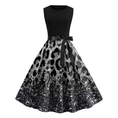 Women Fashion Leopard Print Cocktail Party Dress 1950s Vintage Pinup Dress Retro Sleeveless Evening Gown Prom Dress