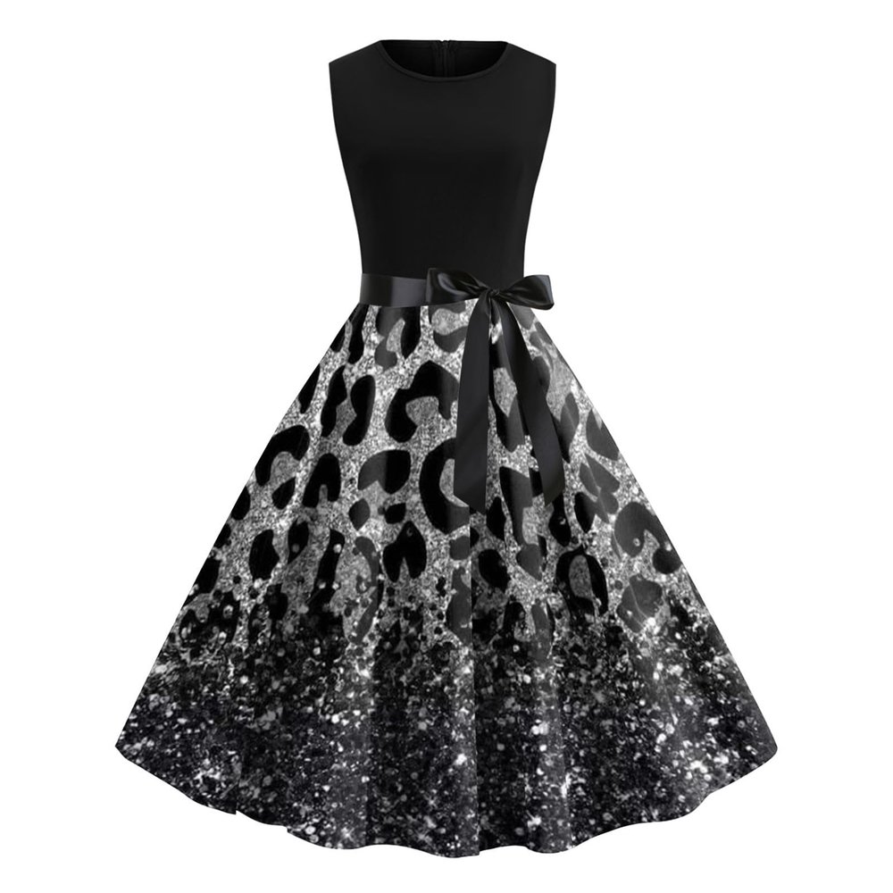 Women Fashion Leopard Print Cocktail Party Dress 1950s Vintage Pinup Dress Retro Sleeveless Evening Gown Prom Dress