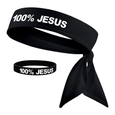 100% Jesus Sports Head Tie Headband & Silicone Wristband Soccer Ftbol Football White Black Athletics Fitness Stretch Sweatband Bandana Moisture Wicking (1 Black Headband & Wristband)