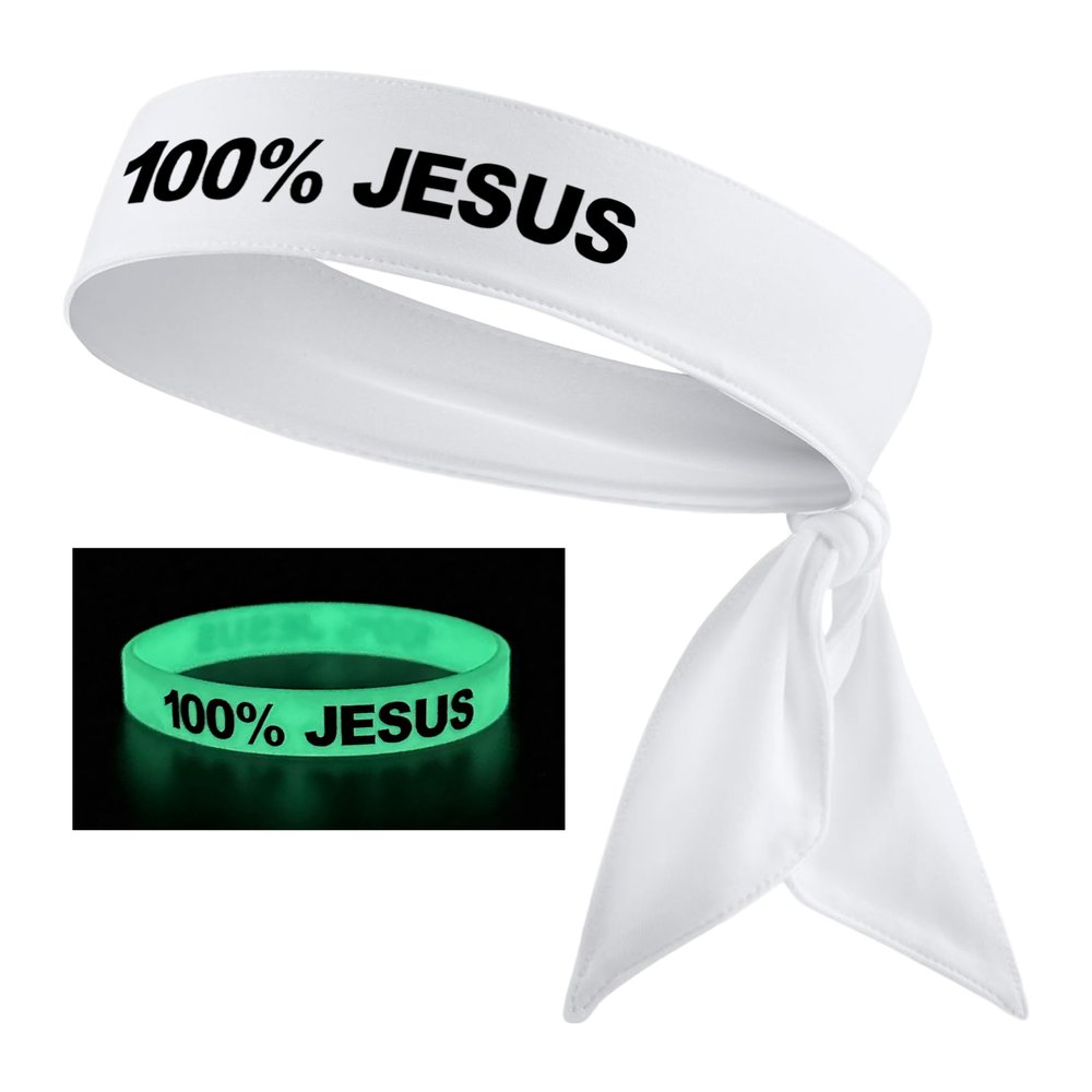 100% Jesus Sports Head Tie Headband & Silicone Wristband Soccer Ftbol Football White Black Athletics Fitness Stretch Sweatband Bandana Moisture Wicking (1 White Headband + 1 Glow Wristband)