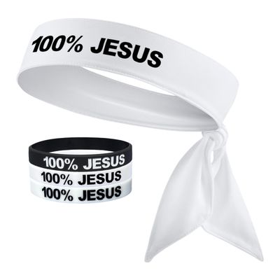 100% Jesus Sports Head Tie Headband & Silicone Wristband Soccer Ftbol Football White Black Athletics Fitness Stretch Sweatband Bandana Moisture Wicking (1 Wht/Gld Headband+1Wht,1Glow&1Blk Wristband)