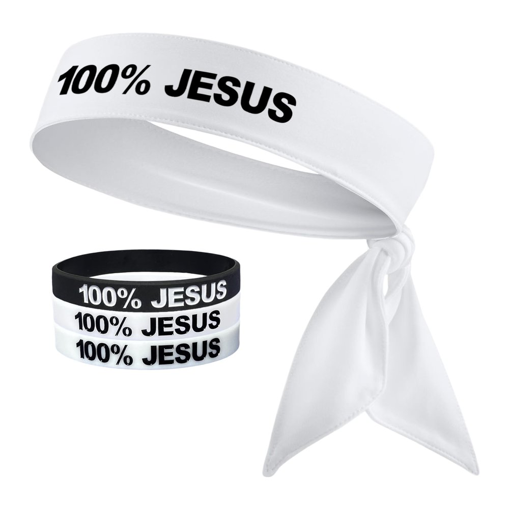 100% Jesus Sports Head Tie Headband & Silicone Wristband Soccer Ftbol Football White Black Athletics Fitness Stretch Sweatband Bandana Moisture Wicking (1 Wht/Gld Headband+1Wht,1Glow&1Blk Wristband)