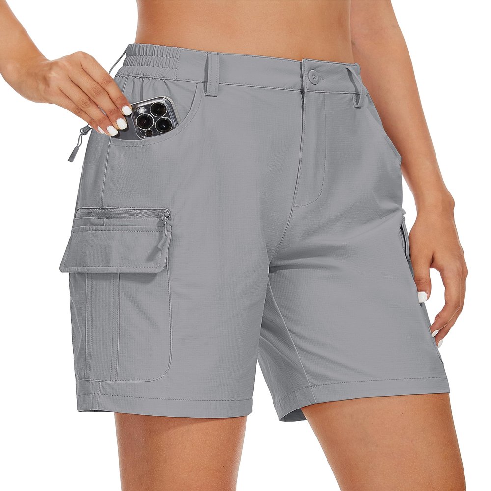 MAGCOMSEN Women's Hiking Cargo Shorts Lightweight Quick Dry Travel Golf Shorts with Zipper Pockets Light Grey Shorts, M