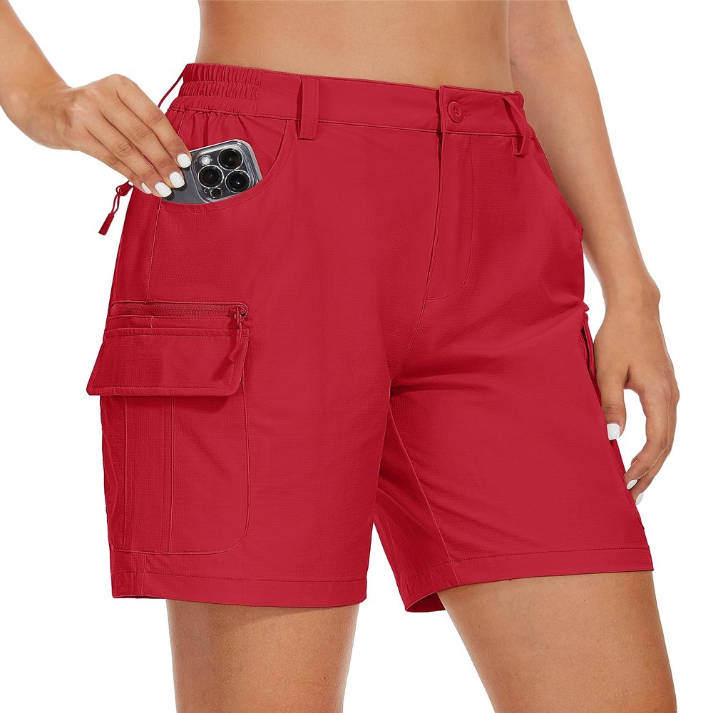 MAGCOMSEN Women's Shorts Lightweight Quick Dry Hiking Shorts Zipper Pockets 7" Golf Travel Casual Work Shorts Red, M