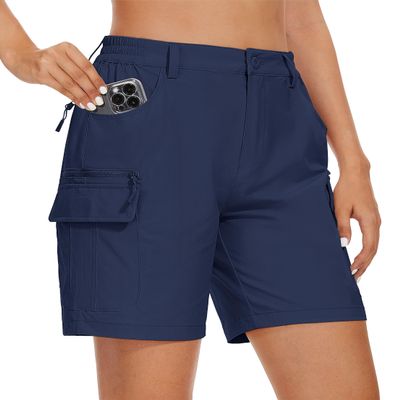MAGCOMSEN Womens 7 Inch Inseam Cargo Shorts with Pockets Stretchy Elastic Waist Outdoor Hiking Golf Shorts Navy Blue, 2XL