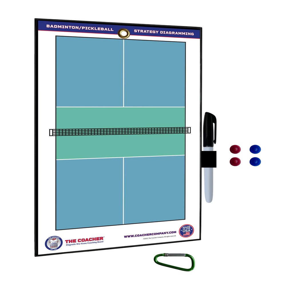 The Coacher Premium Dry Erase Magnetic Badminton or Pickleball Coaching Coach Board Clipboard - Made in The USA - Double-Sided - Training Aids Equipment Gear (4 Ceramic Player Magnets)