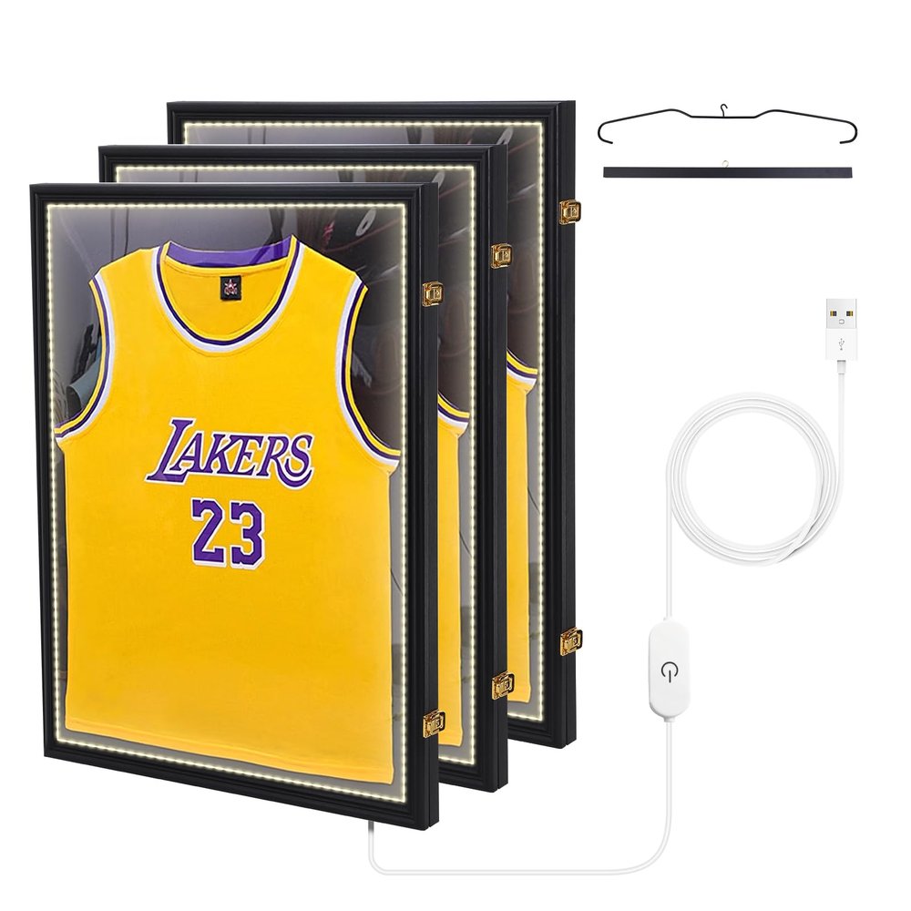 Nice C Jersey Frame Display Case with Lights, LED 3 Pack, UV Protection, Valet Pinboard, Acrylic, Basketball