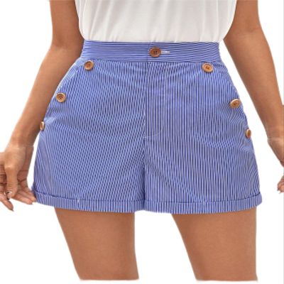 AKIOLOAS Women's Shorts Striped Print Button Detail Roll Up Hem Shorts Women's Shorts Shorts for Women (Color : Blue and White, Size : Large)
