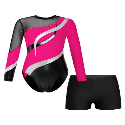 Agoky Girls 2Pcs Sparkle Ballet Dance Outfits Mesh Splice Gymnastic Leotard Unitard Biketard with Booty Shorts Set Tracksuit Hot Pink 8 Years