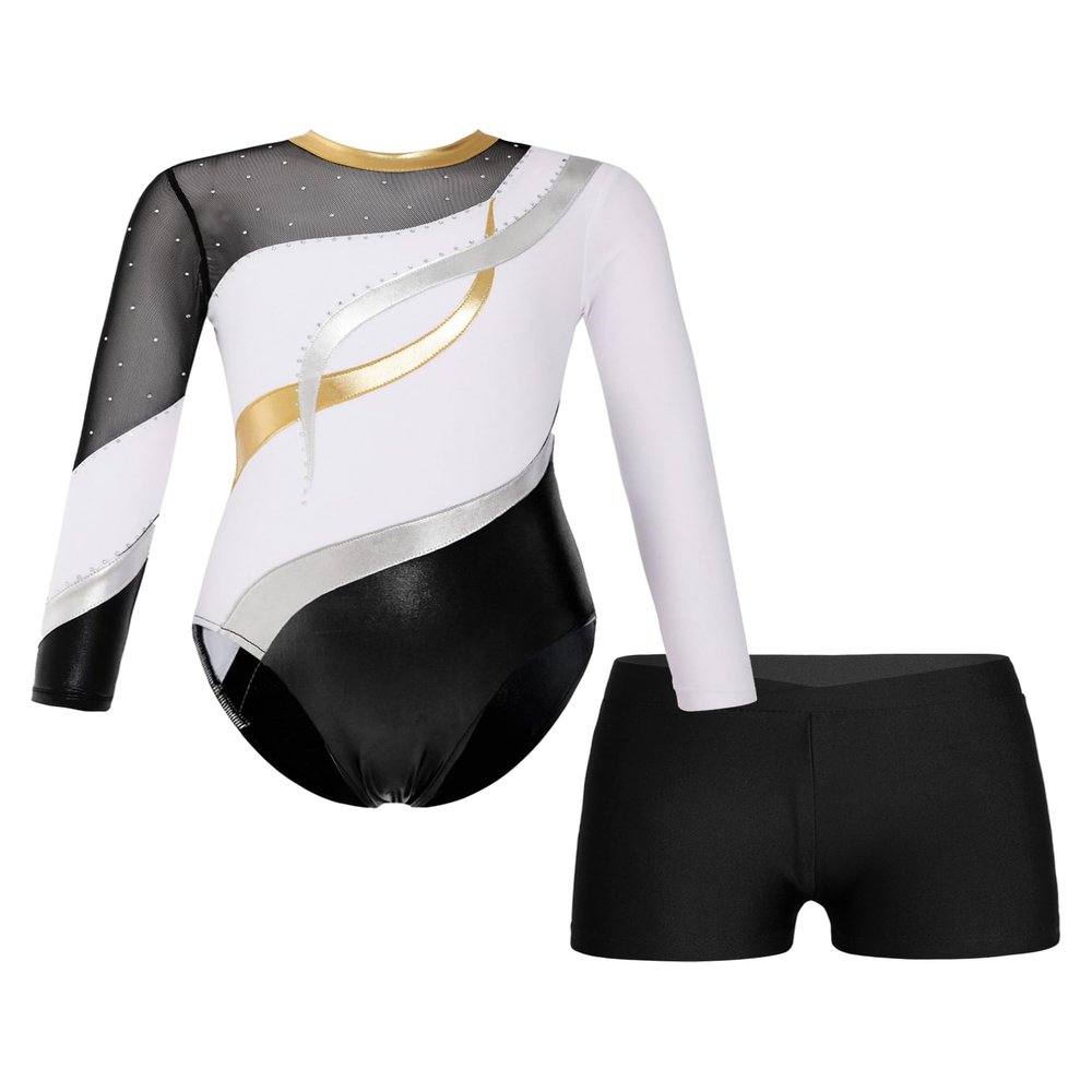 Agoky Girls 2Pcs Sparkle Ballet Dance Outfits Mesh Splice Gymnastic Leotard Unitard Biketard with Booty Shorts Set Tracksuit White 14 Years