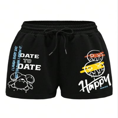 AKIOLOAS Women's Shorts Cartoon & Slogan Graphic Drawstring Waist Shorts Women's Shorts Shorts for Women (Color : Black, Size : X-Small)