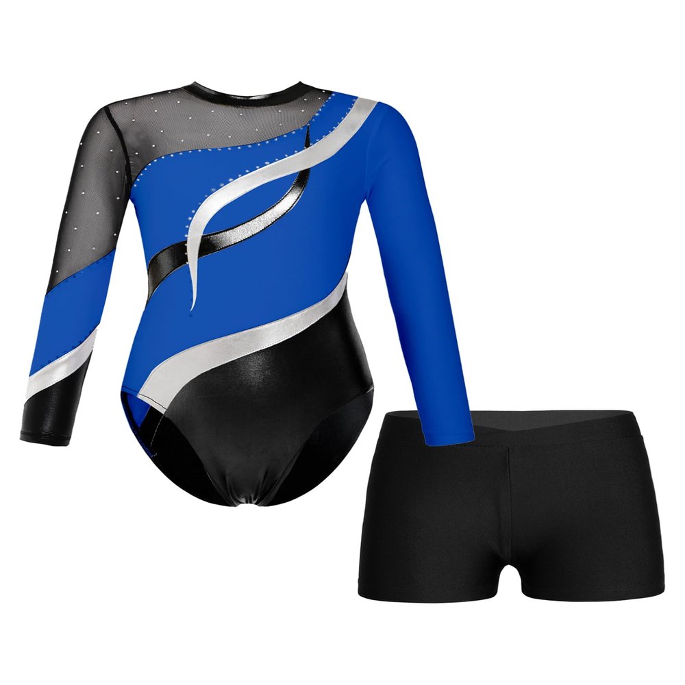 Agoky Girls 2Pcs Sparkle Ballet Dance Outfits Mesh Splice Gymnastic Leotard Unitard Biketard with Booty Shorts Set Tracksuit Royal Blue 12 Years