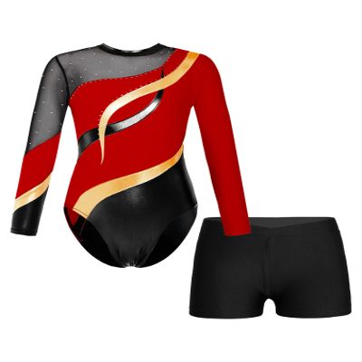 Agoky Girls 2Pcs Sparkle Ballet Dance Outfits Mesh Splice Gymnastic Leotard Unitard Biketard with Booty Shorts Set Tracksuit Red 14 Years