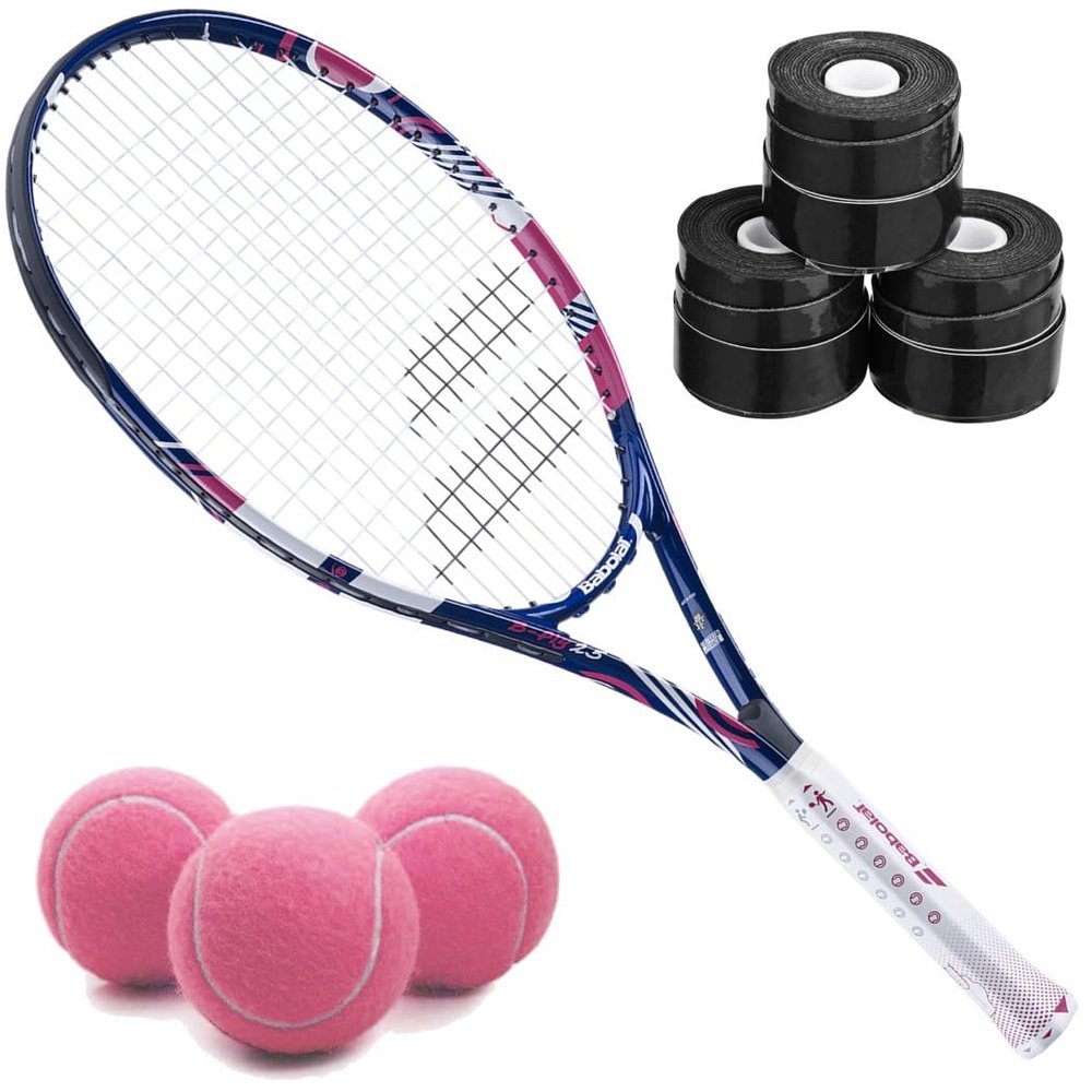 Babolat B'Fly 23 Inch Tennis Racquet Bundled with 3 Black Overgrips and 3 Pink Tennis Balls