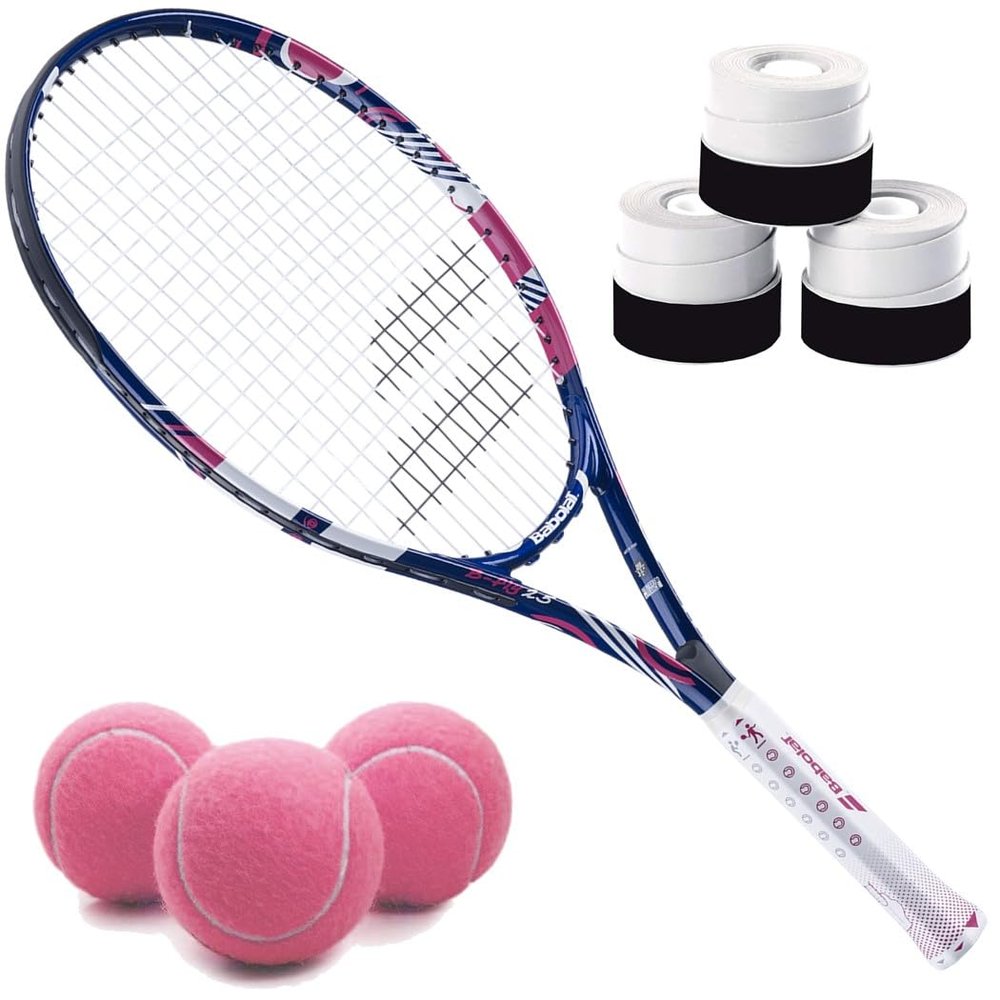 Babolat B'Fly 19 Inch Tennis Racquet Bundled with 3 White Overgrips and 3 Pink Tennis Balls