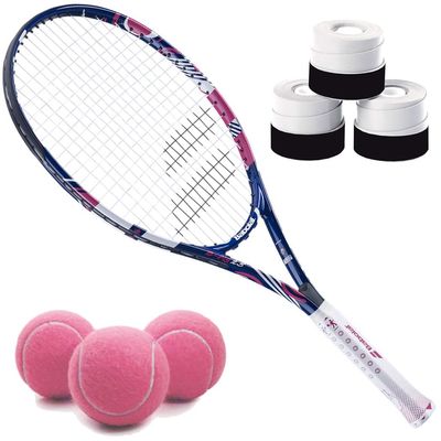Babolat B'Fly 25 Inch Tennis Racquet Bundled with 3 White Overgrips and 3 Pink Tennis Balls