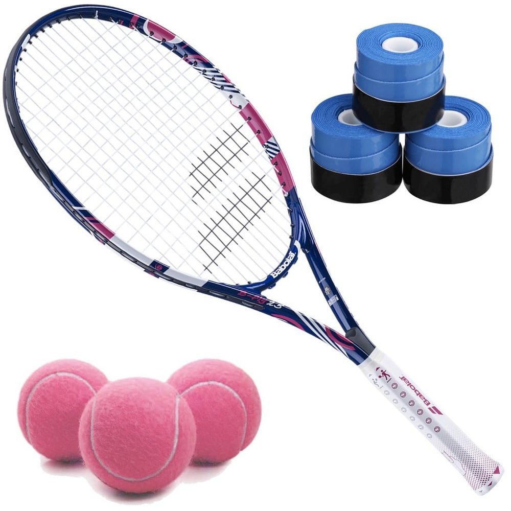 Babolat B'Fly 21 Inch Tennis Racquet Bundled with 3 Blue Overgrips and 3 Pink Tennis Balls