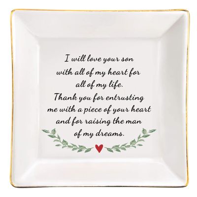JOYKWE Mother in Law Gift from Bride Gift to Mother of The Groom, Ceramic Trinket Dish Wedding Gift for Mother in Law, Thank You Gift for New Mom- Thank You for Raising The Man of My Dream Ring Dish