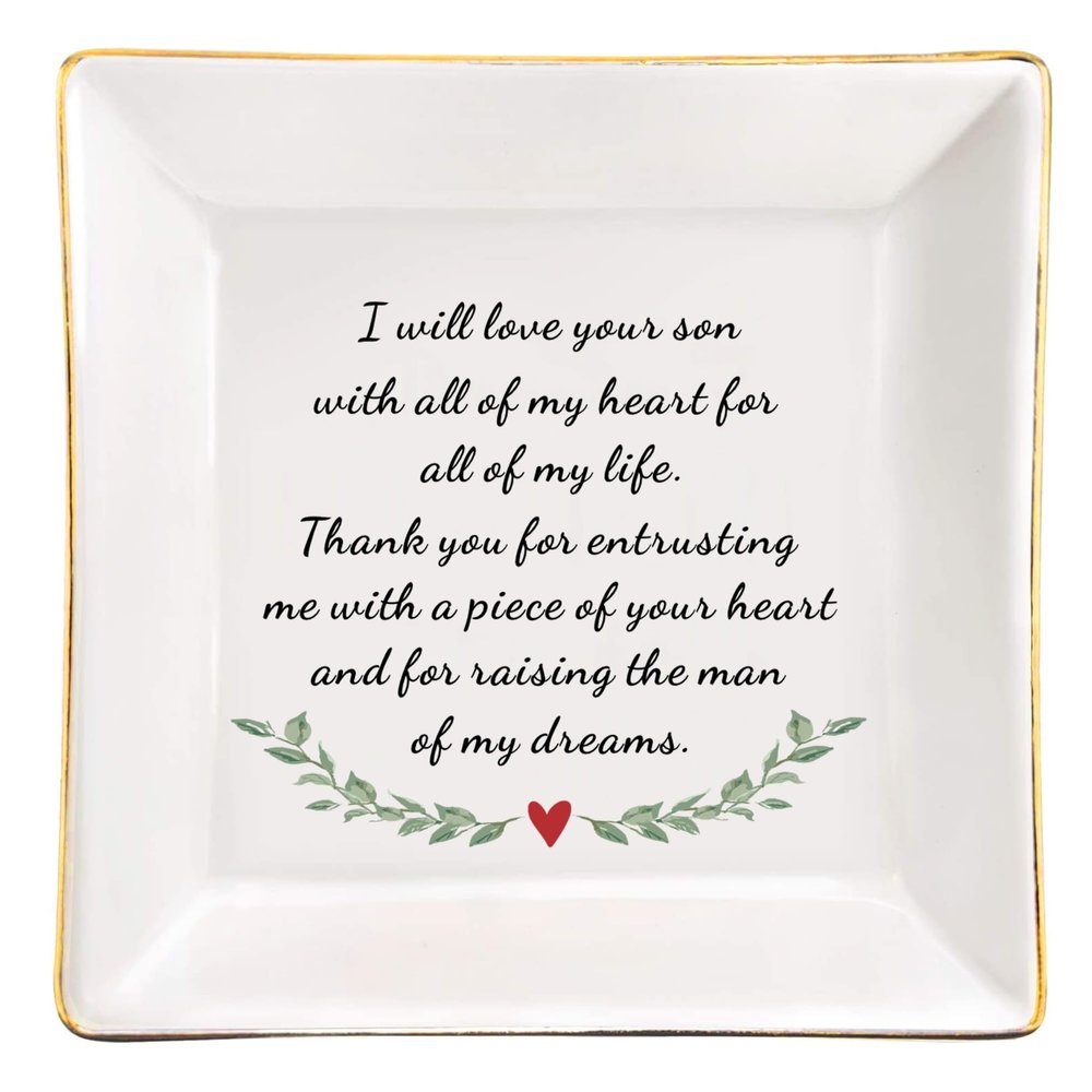 JOYKWE Mother in Law Gift from Bride Gift to Mother of The Groom, Ceramic Trinket Dish Wedding Gift for Mother in Law, Thank You Gift for New Mom- Thank You for Raising The Man of My Dream Ring Dish