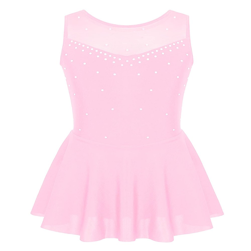 Alvivi Kids Girls Rhinestone Dance Dresses Sleeveless Ballet Figure Ice Skating Outfit Gym Skirted Leotard Pink 6 Years