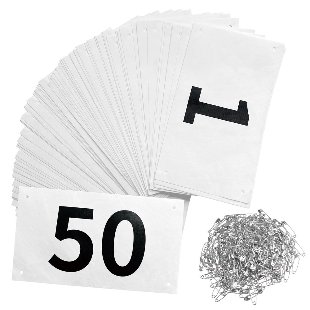 JEELAD Race Bibs 4" x 7" Running Bids Racing Numbers with Safety Pins Tyvek Tearproof Waterproof Number Cards 1-200 for Marathon Runners Sports Races Competition Events
