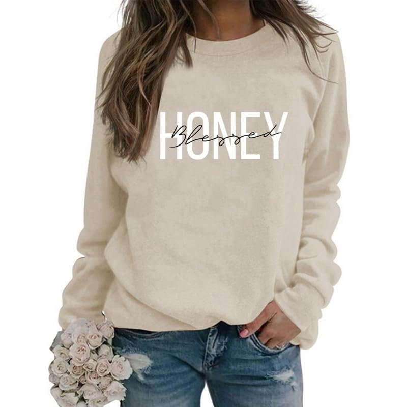 KOGYAS Blessed Honey Sweatshirt Cute Grandma Women Letter Print Crewneck Fall Casual Pullover Tops Beige
