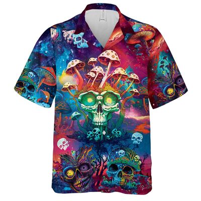 Men's Trippy Skull Hawaiian Shirts - Psychedelic Mushrooms Button Down Man Women Hawaiian Shirt Set 36 Size XL